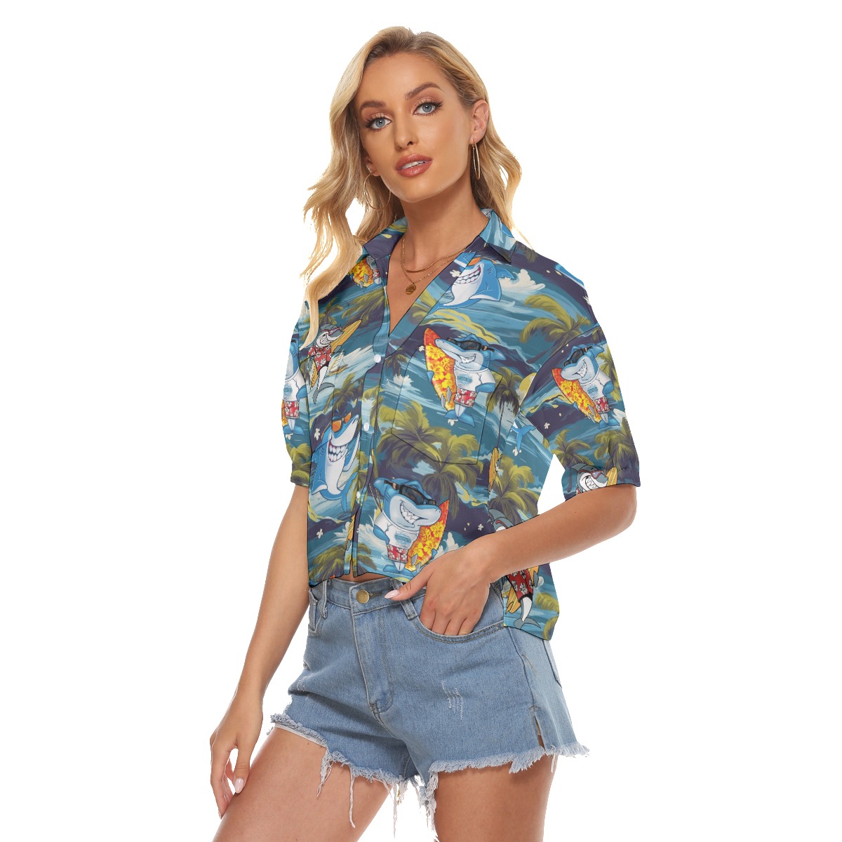 Tropical Surfing Shark Hawaiian Crop Top Shirt For Women