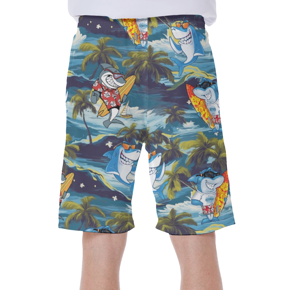 Funny Shark Surfing Tropical Hawaiian Swim Trunks For Men