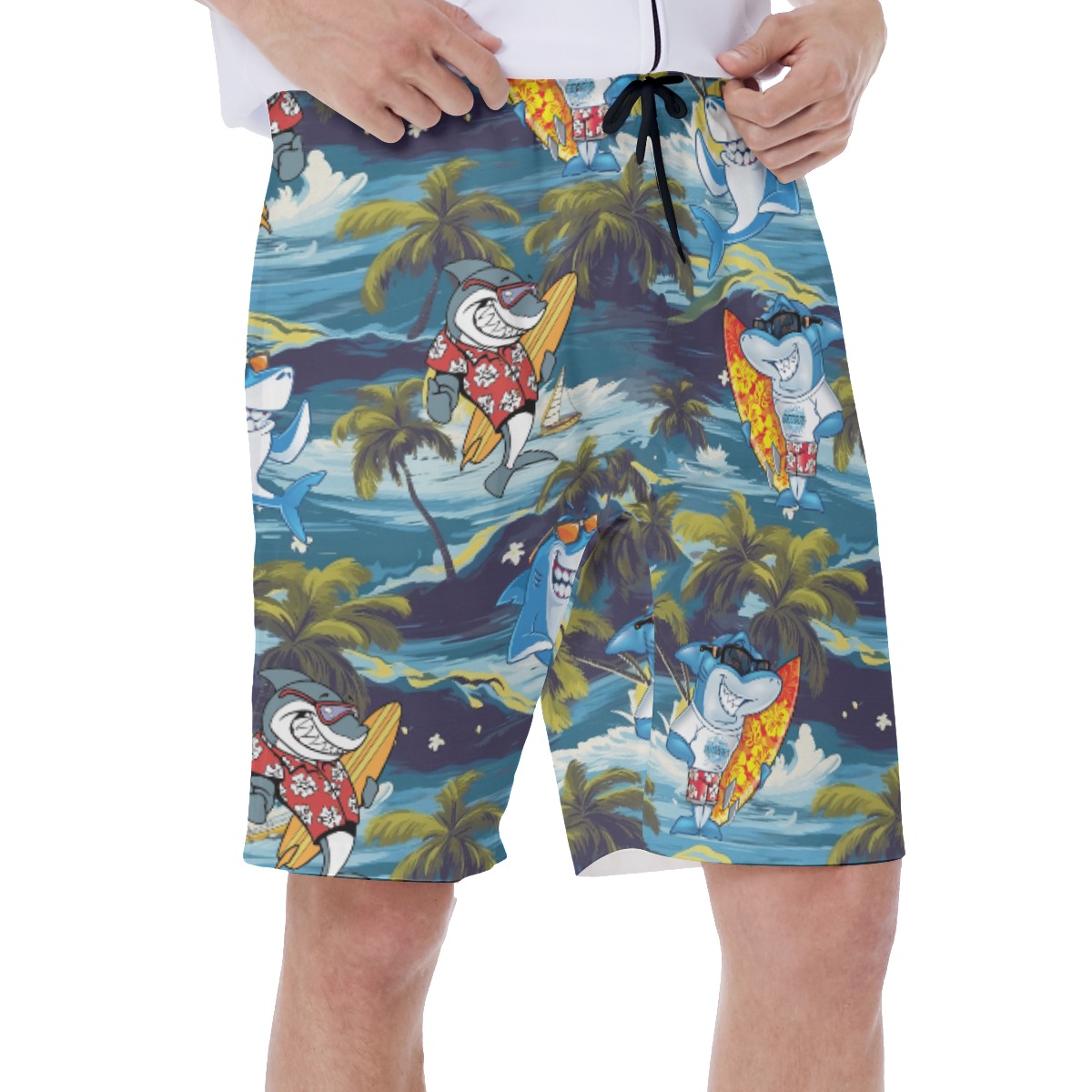Funny Shark Surfing Tropical Hawaiian Swim Trunks For Men