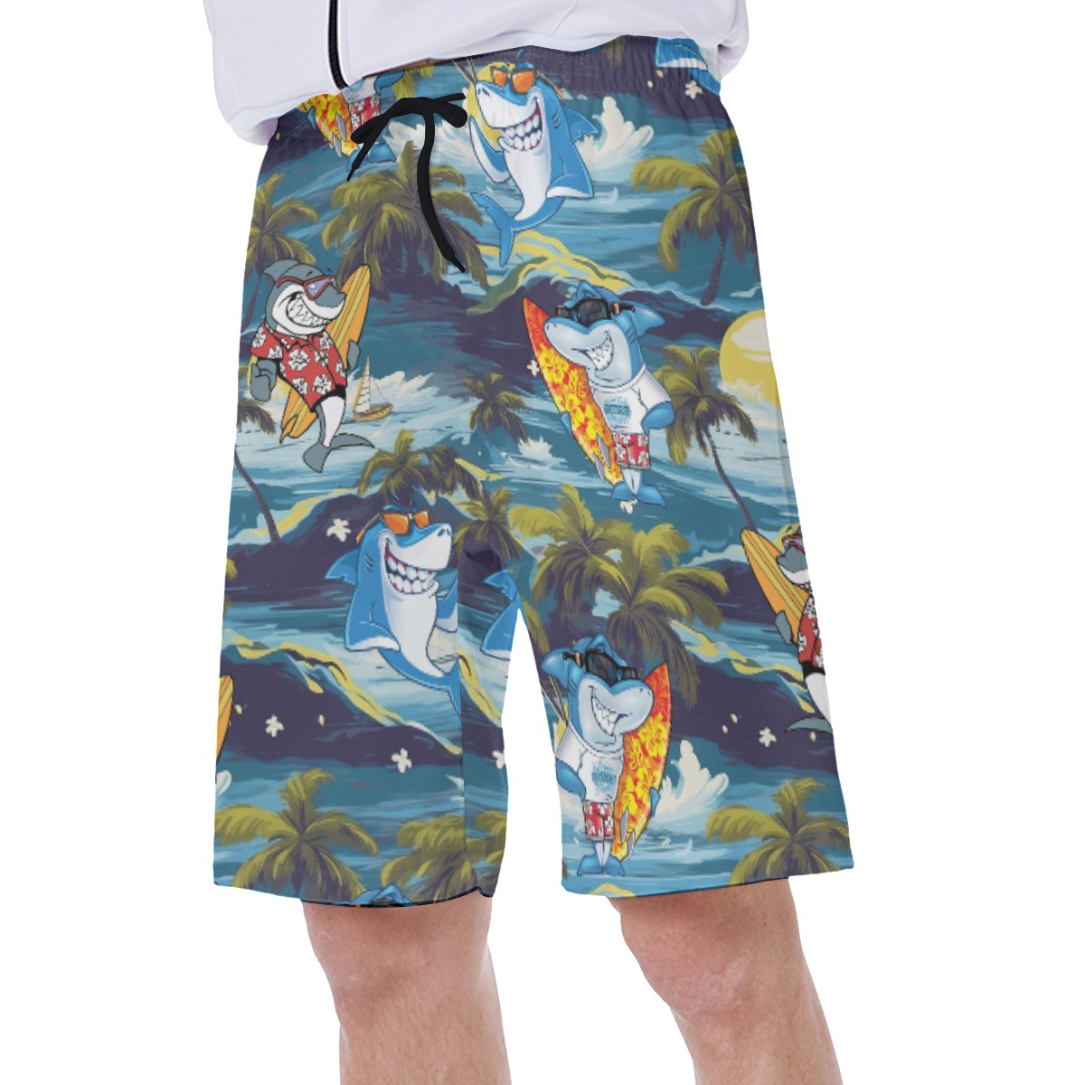 Funny Shark Surfing Tropical Hawaiian Swim Trunks For Men