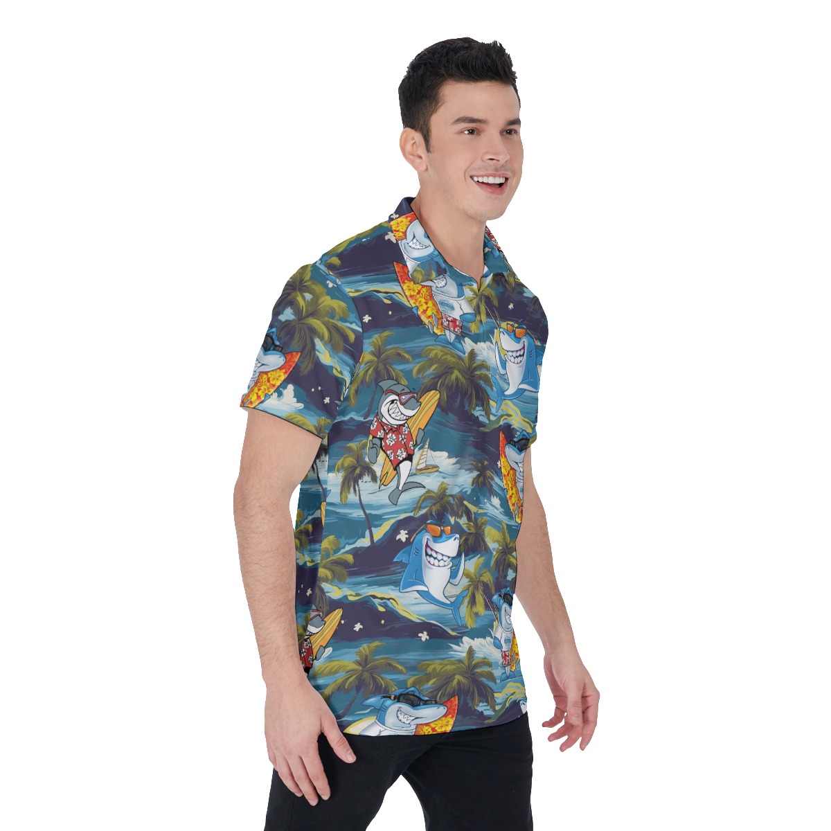 Funny Shark Surfing Tropical Hawaiian Polo Shirt For Men