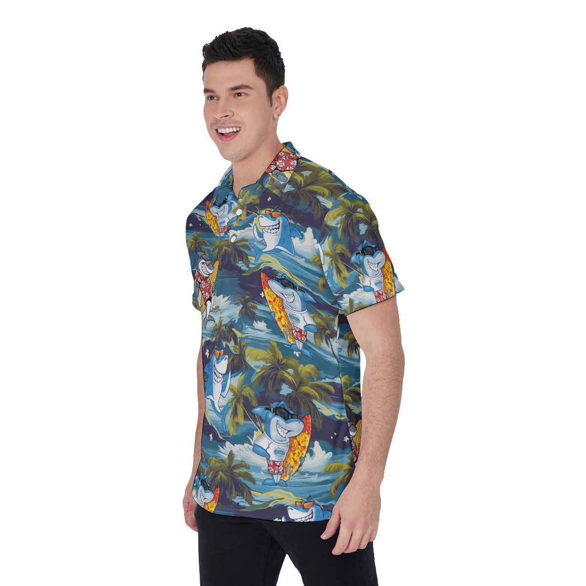 Funny Shark Surfing Tropical Hawaiian Polo Shirt For Men