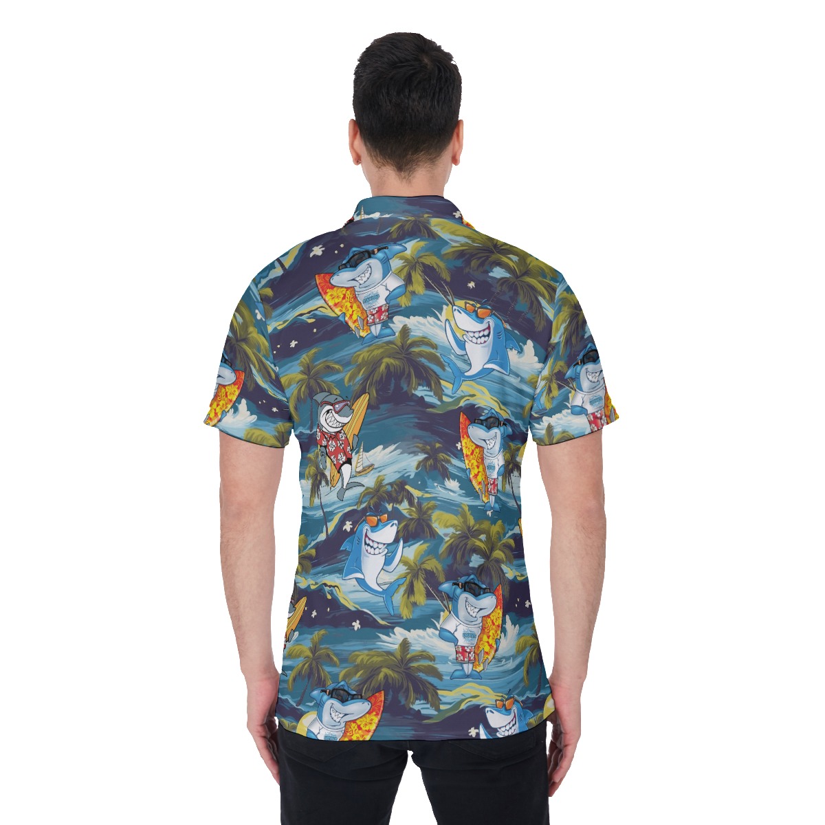 Funny Shark Surfing Tropical Hawaiian Polo Shirt For Men