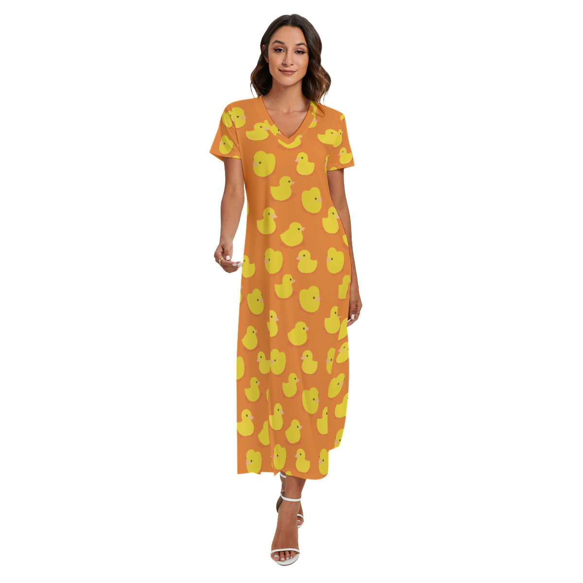 Funny Rubber Duck Hawaiian V-neck Dress With Side Slit