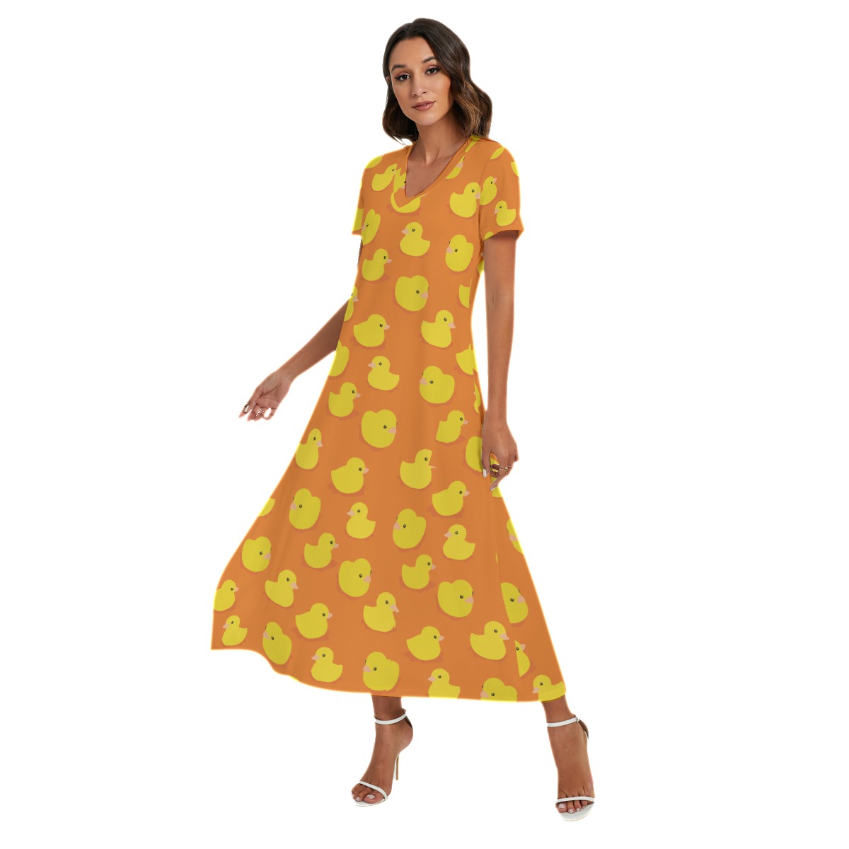 Funny Rubber Duck Hawaiian V-neck Dress With Side Slit