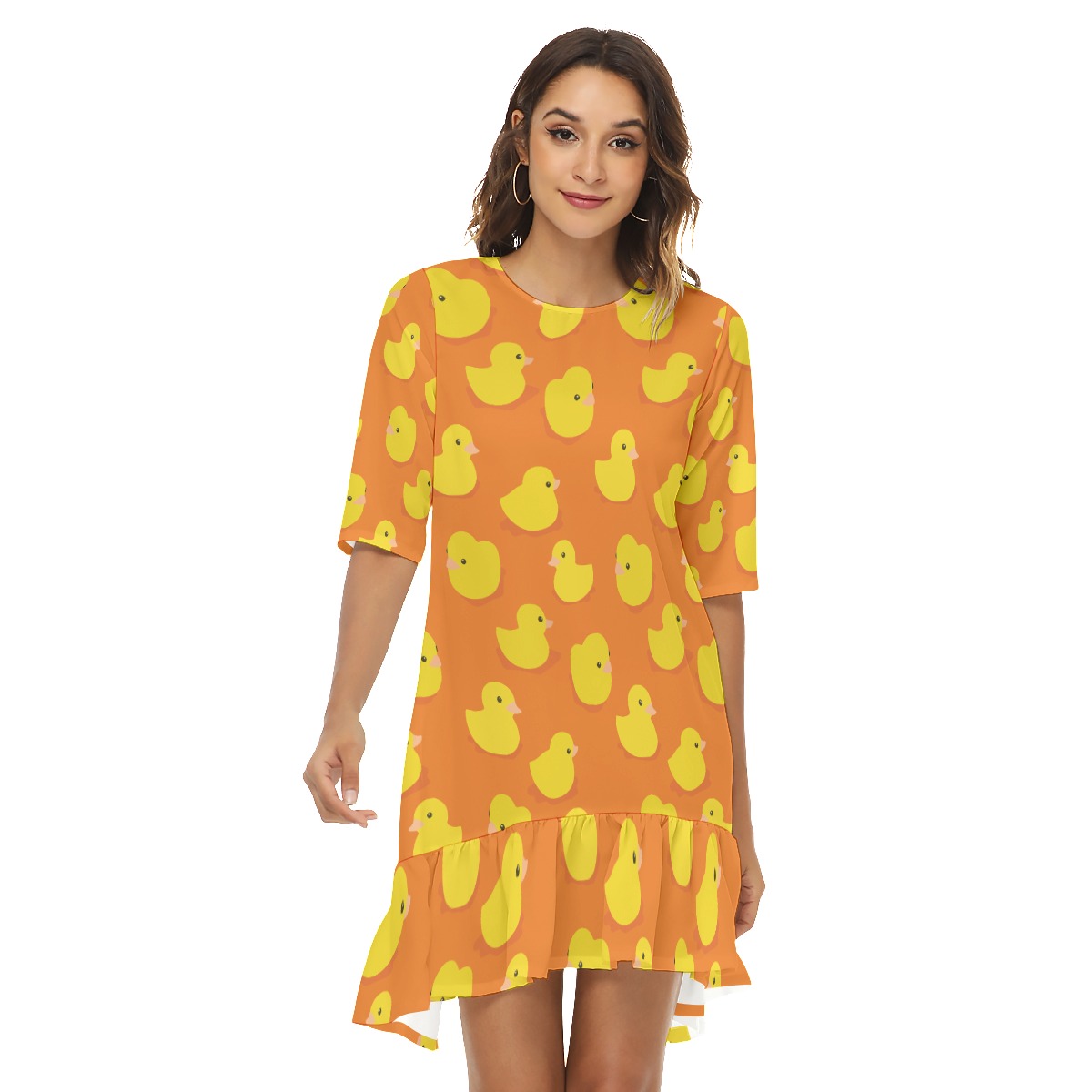 Orange Rubber Duck Hawaiian Half Sleeve Dress With Ruffle Hem