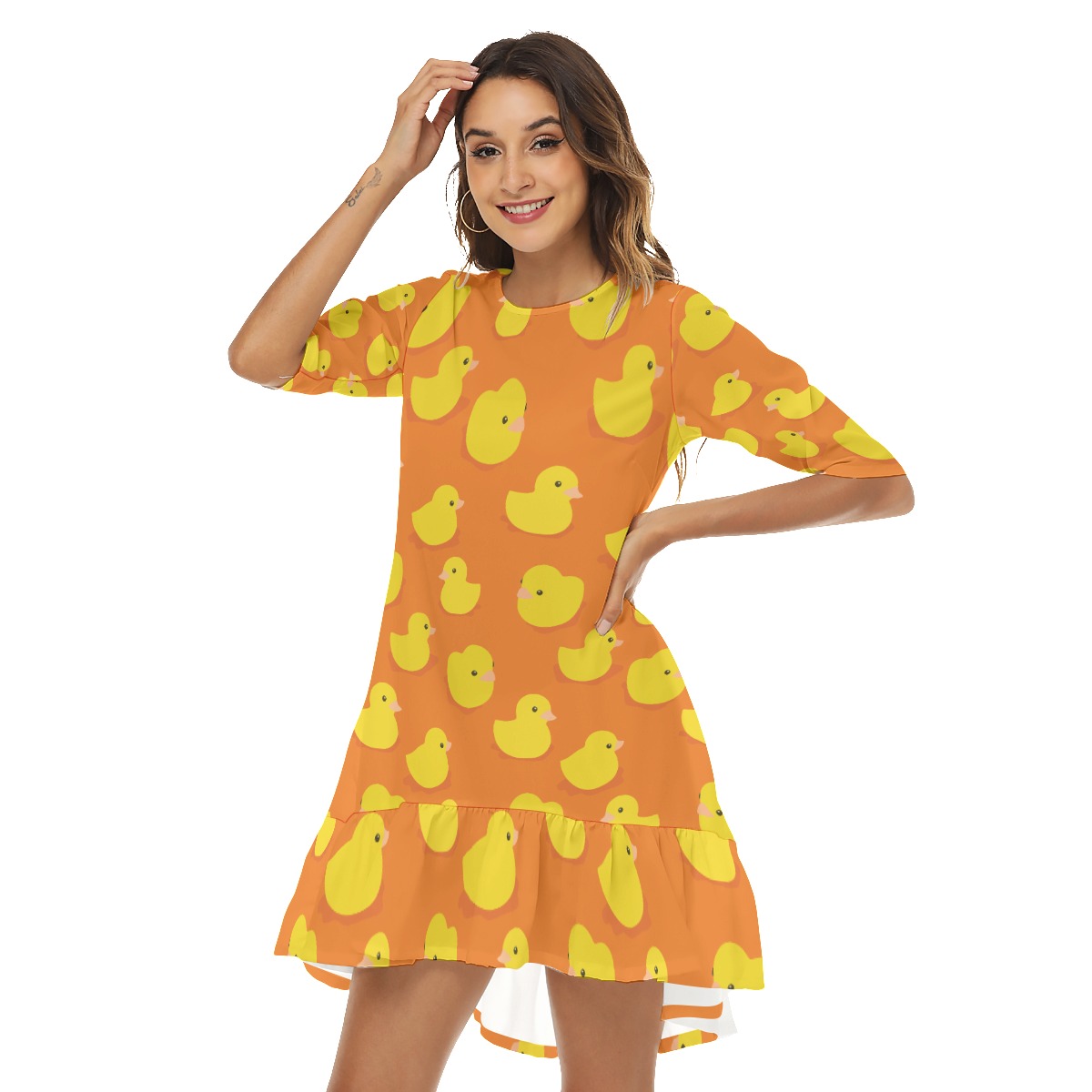 Orange Rubber Duck Hawaiian Half Sleeve Dress With Ruffle Hem