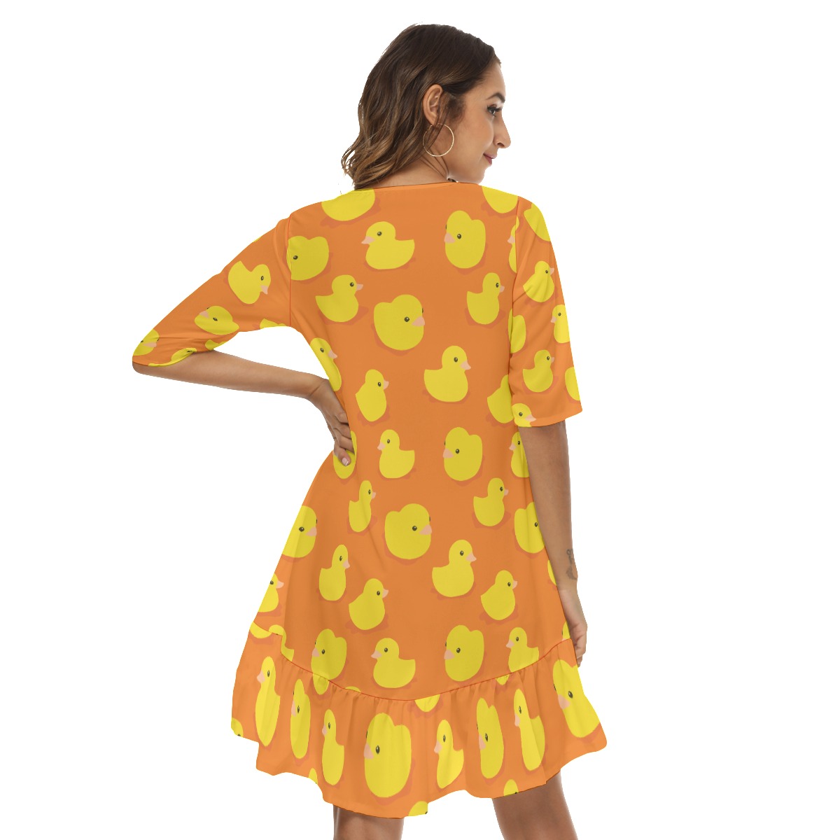 Orange Rubber Duck Hawaiian Half Sleeve Dress With Ruffle Hem