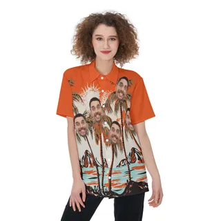 Orange Custom Multiple Faces Aloha Shirt For Women