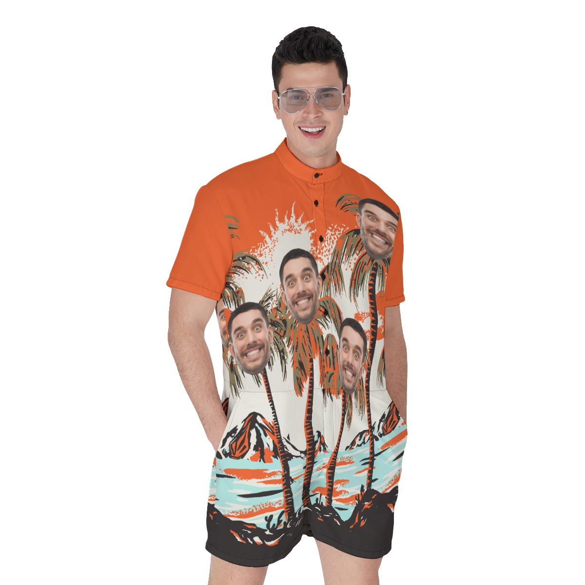 Orange Custom Faces Tropical Romper For Men - variant image 1