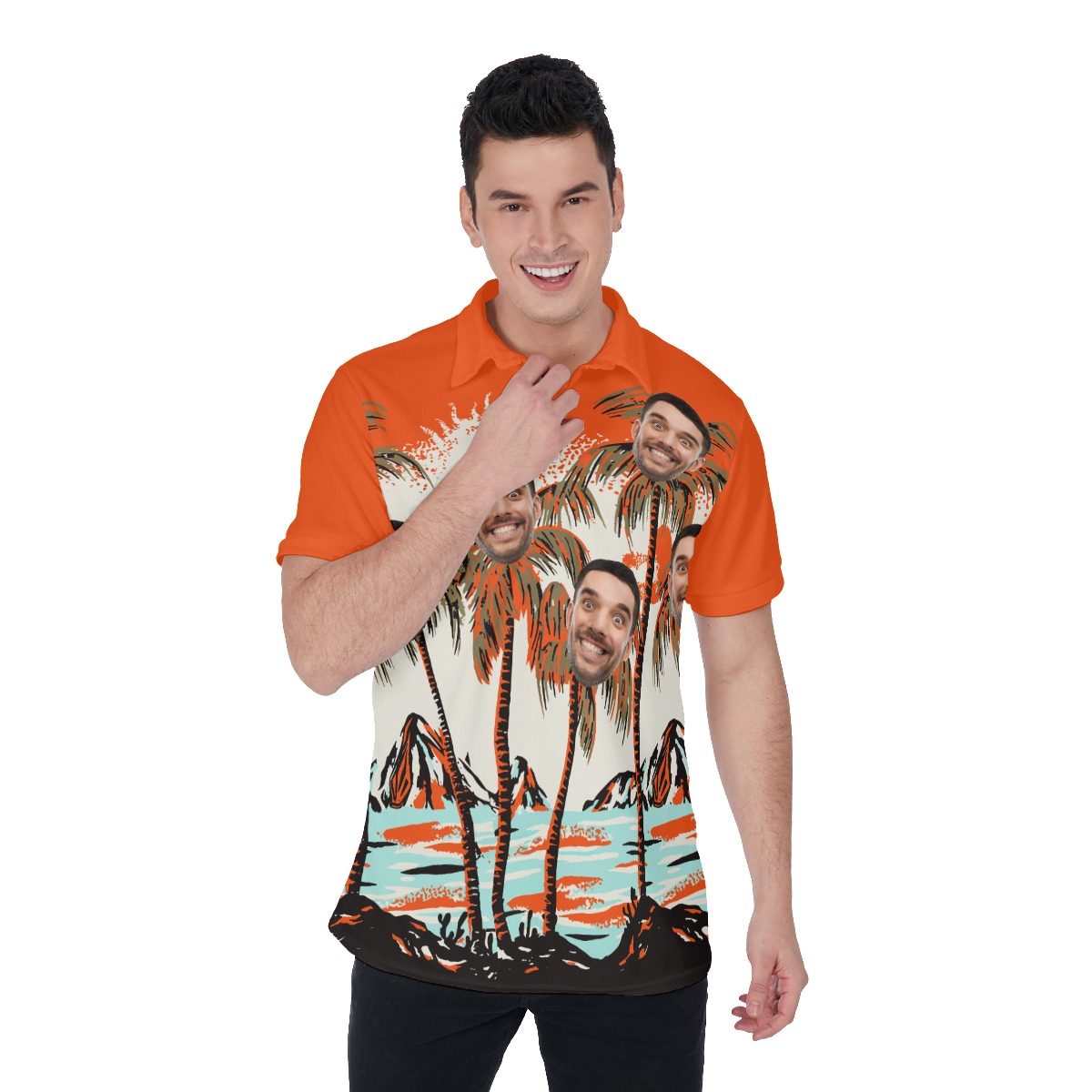 Men's Orange Hawaiian Polo Shirt With Custom Face - variant image 1