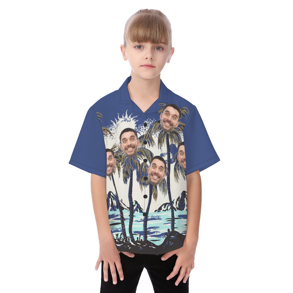 Kid's Funny Navy Custom Multiple Faces Palm Tree Hawaiian Shirt - variant image 1