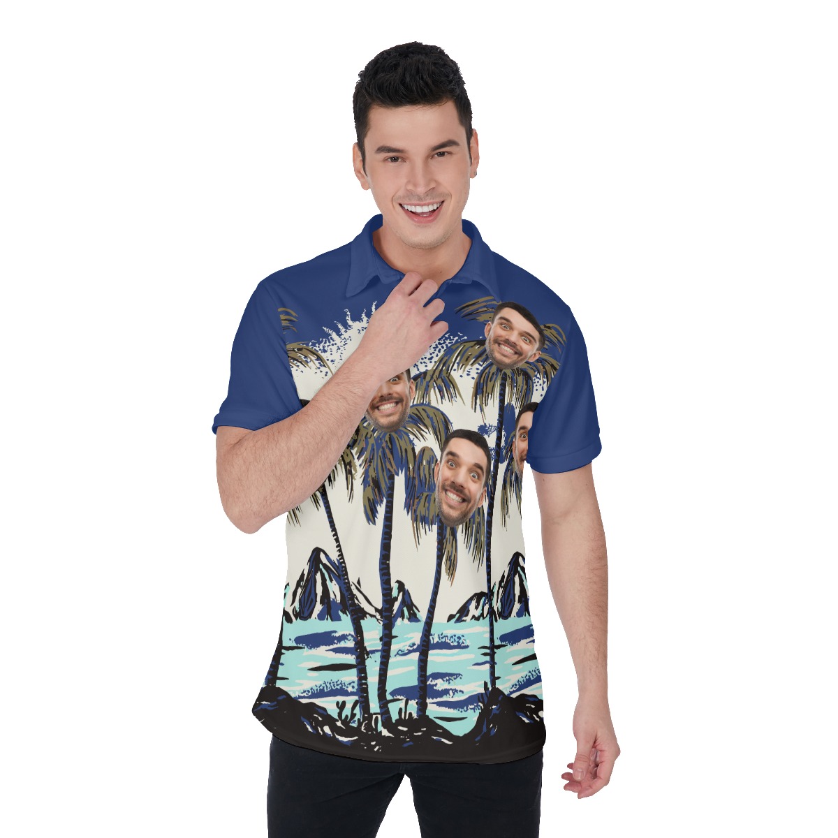 Men's Navy Blue Custom Face Hawaiian Polo Shirt - variant image 1
