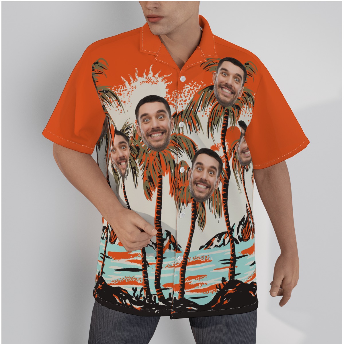 Custom Face Palm Trees Orange Aloha Shirt For Men - variant image 1