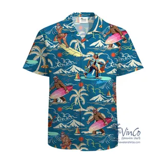Funny Bigfoot Navy Cotton Hawaiian Shirts For Men