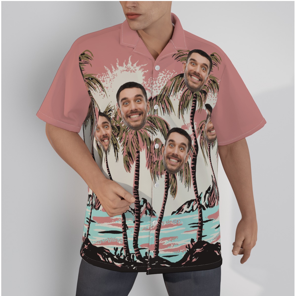 Pink Palm Trees Personalized Hawaiian Shirt With Faces - variant image 1