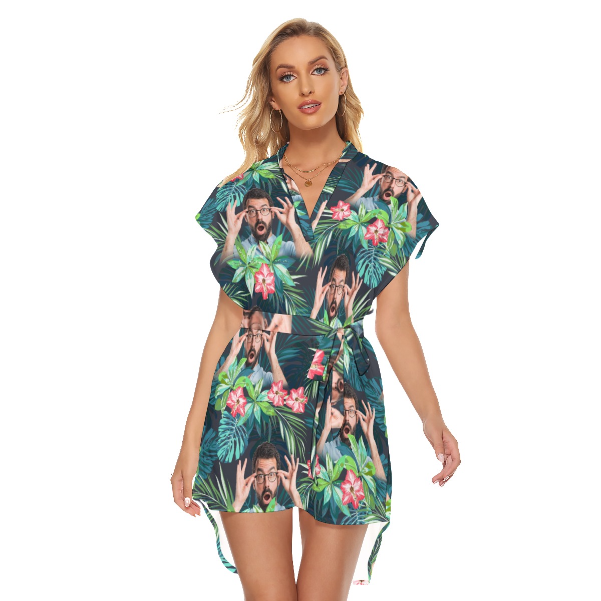 Funny Custom Face Women's Tropical Flamingo Hawaiian Dress With Belt - variant image 1