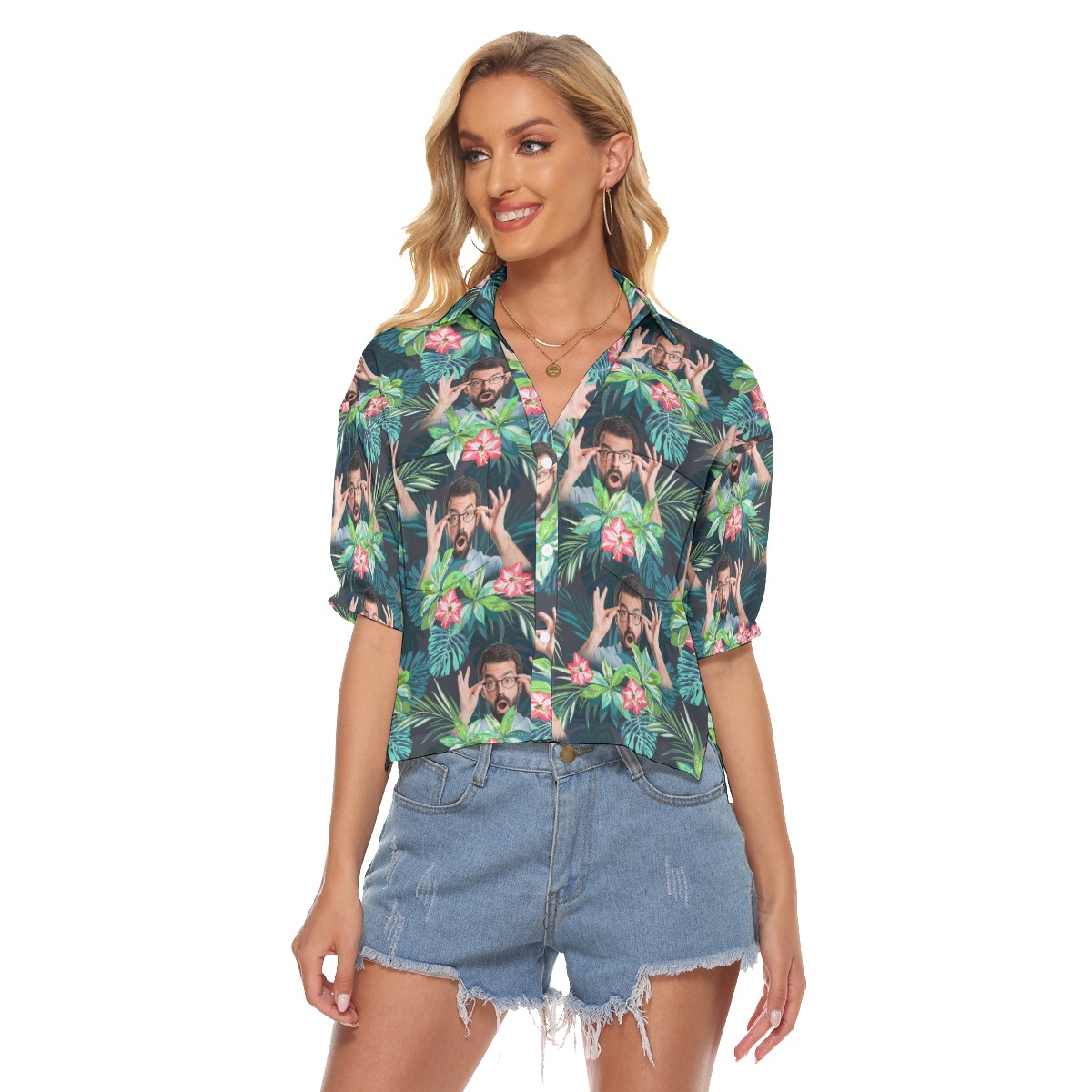 Funny Custom Face Flamingo Hawaiian Crop Top Shirt For Women - variant image 1