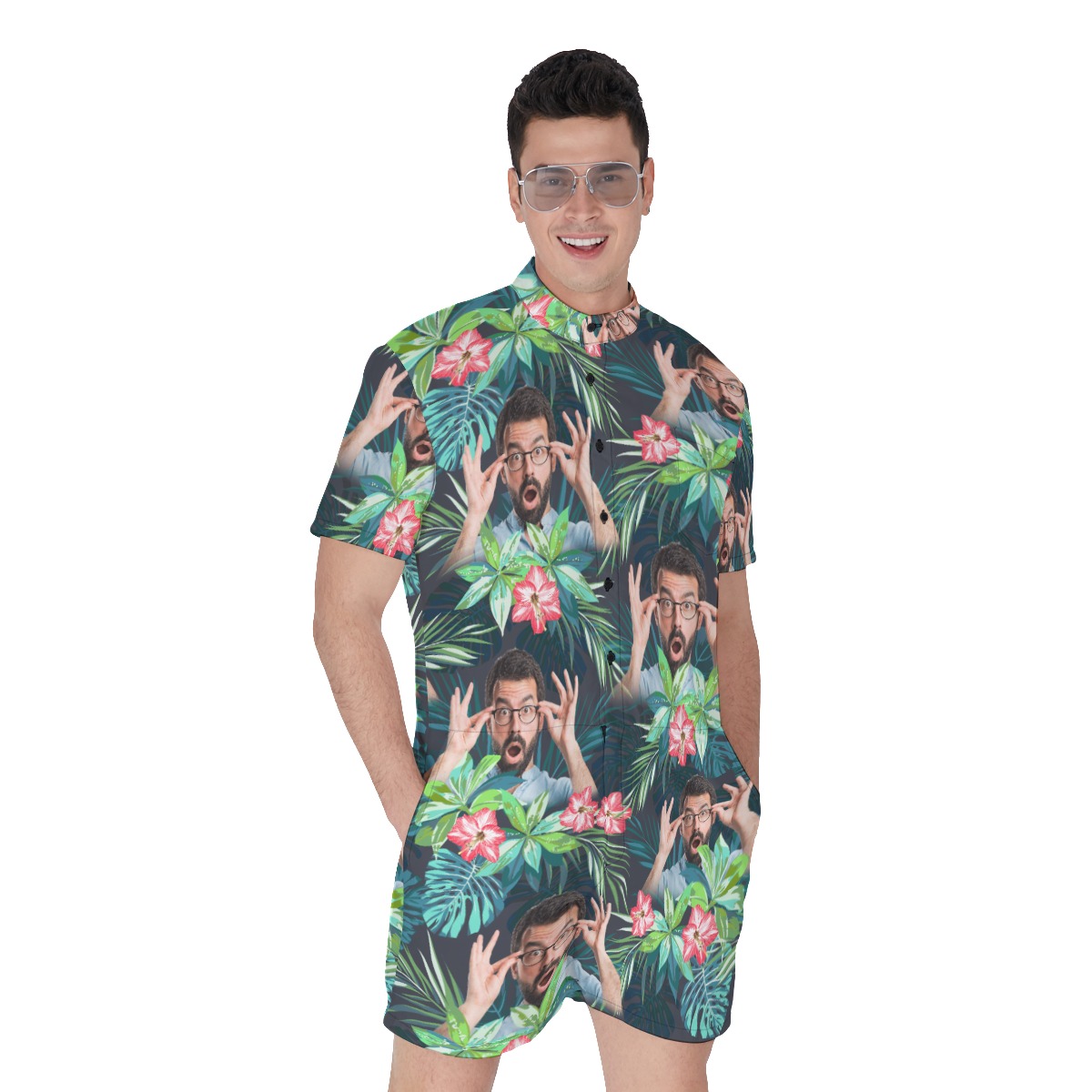 Custom Tropical Flamingo Men's Hawaiian Romper With Face - variant image 1