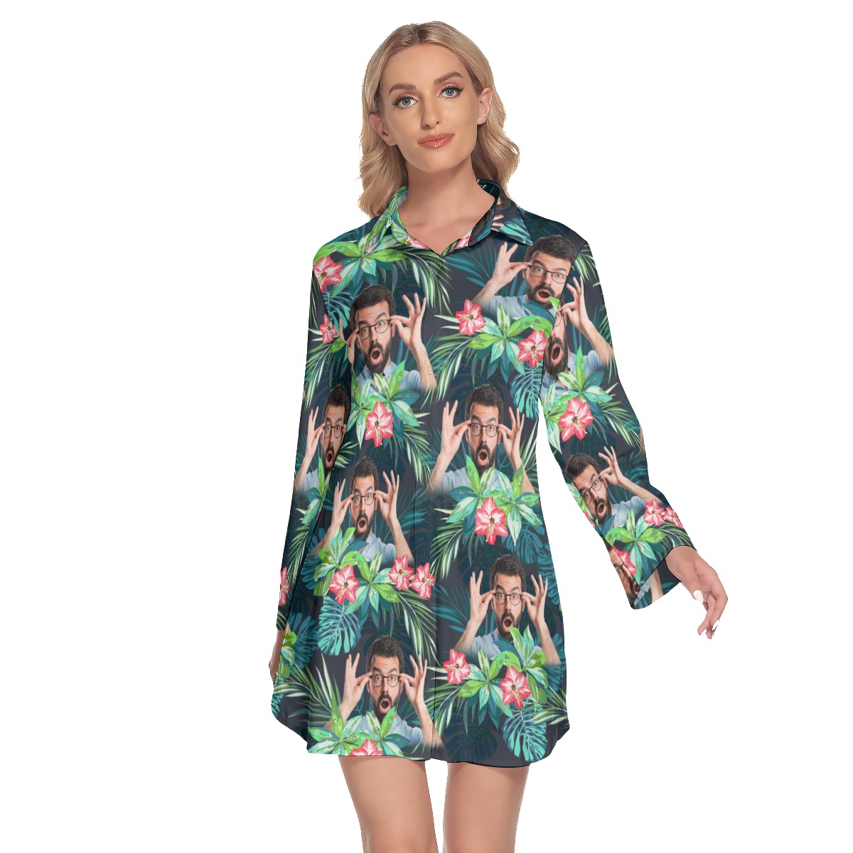 Custom Face Tropical Flamingo Hawaiian Shirt Dress With Long Sleeve For Women - variant image 1