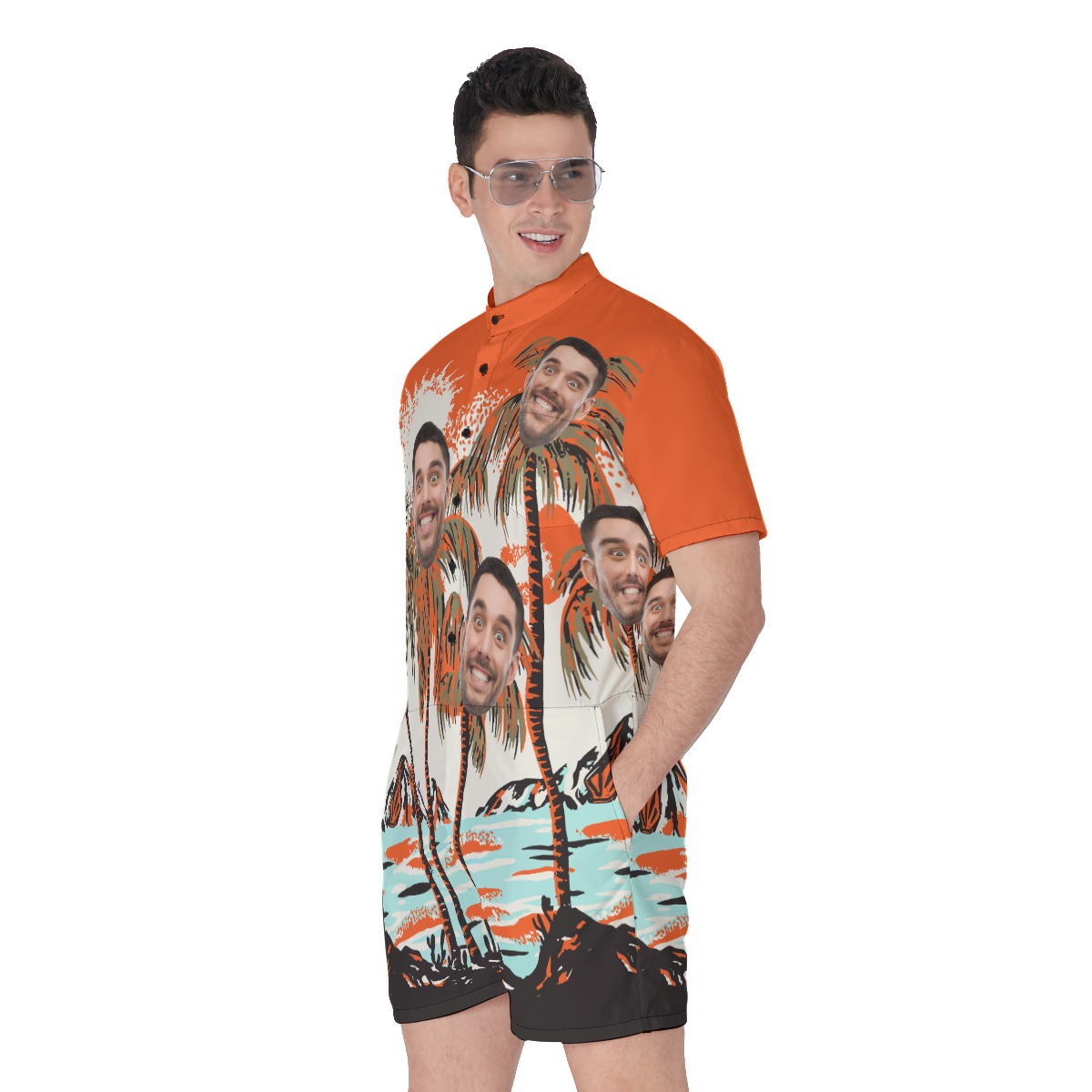 Orange Custom Faces Tropical Romper For Men