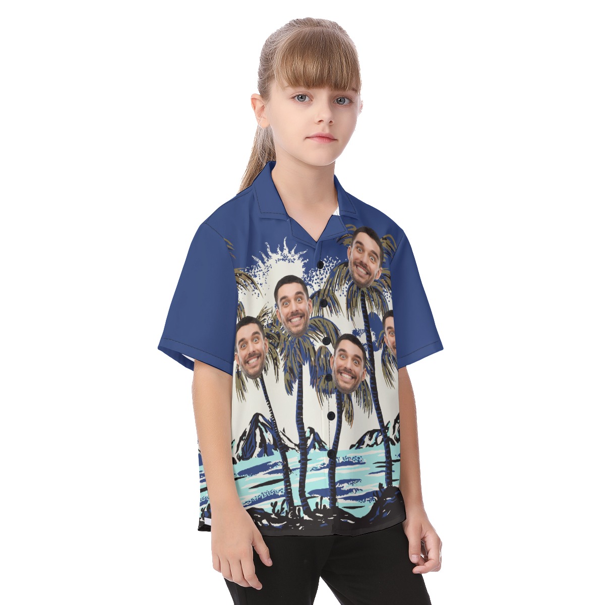 Kid's Funny Navy Custom Multiple Faces Palm Tree Hawaiian Shirt