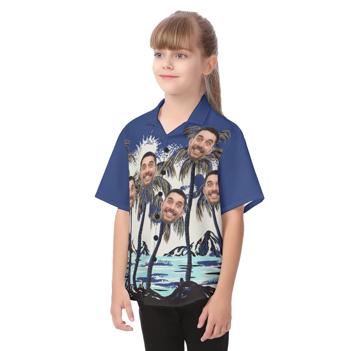 Kid's Funny Navy Custom Multiple Faces Palm Tree Hawaiian Shirt