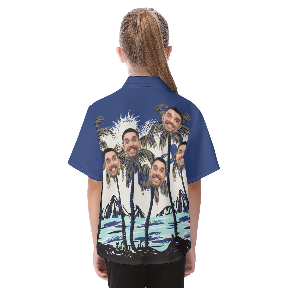 Kid's Funny Navy Custom Multiple Faces Palm Tree Hawaiian Shirt