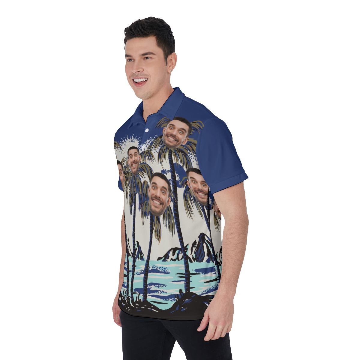 Men's Navy Blue Custom Face Hawaiian Polo Shirt
