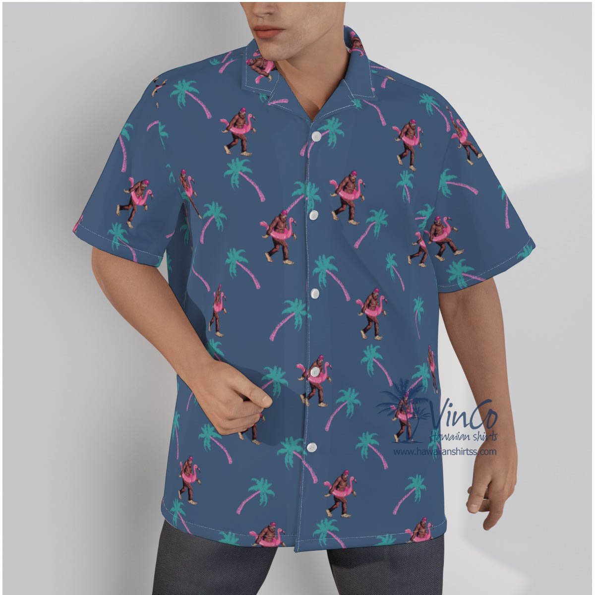 Navy Bigfoot Palm Trees Cotton Hawaiian Shirt For Men