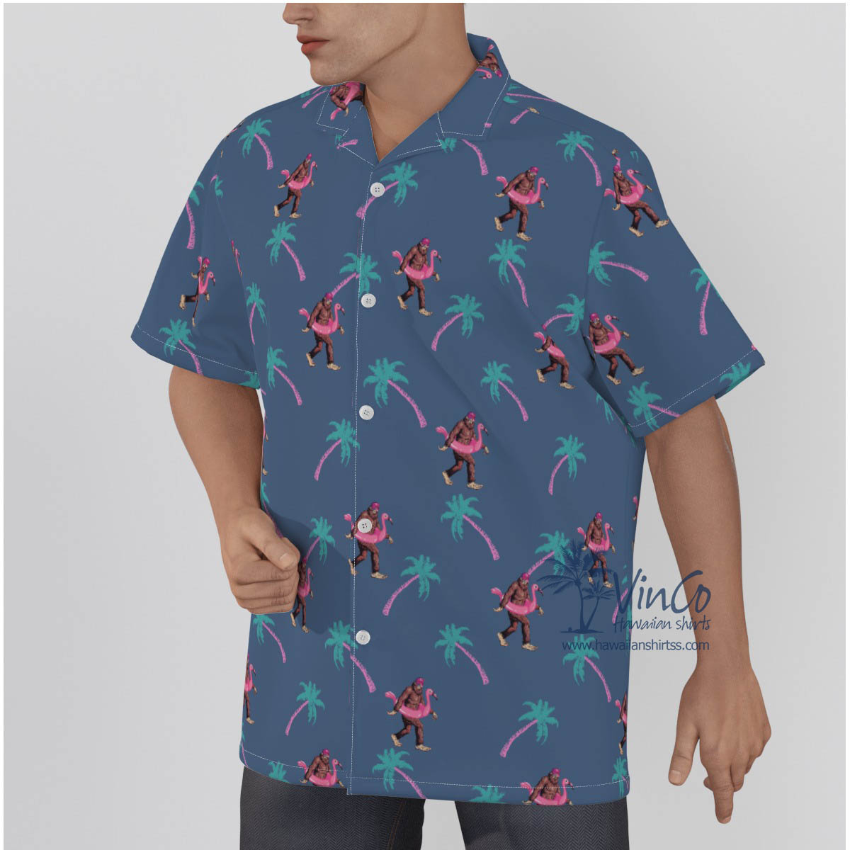 Navy Bigfoot Palm Trees Cotton Hawaiian Shirt For Men
