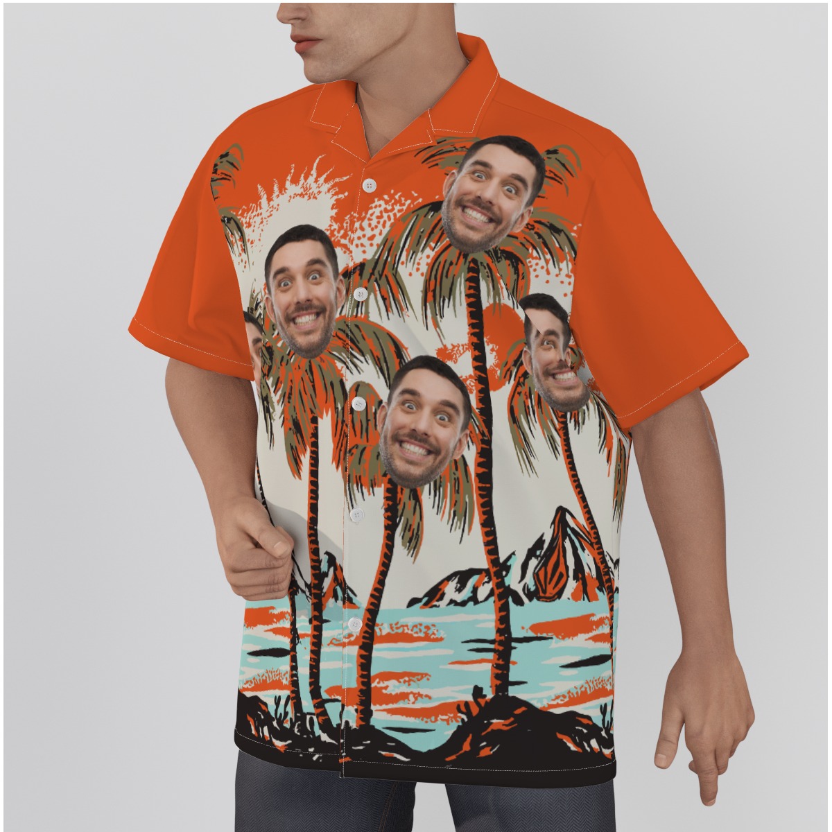 Custom Face Palm Trees Orange Aloha Shirt For Men