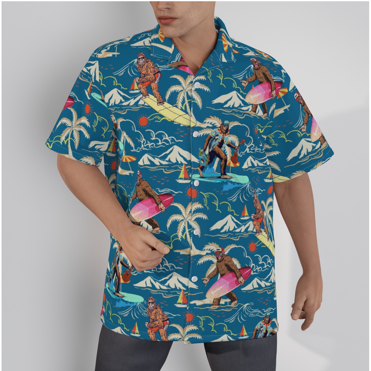Funny Bigfoot Navy Cotton Hawaiian Shirts For Men