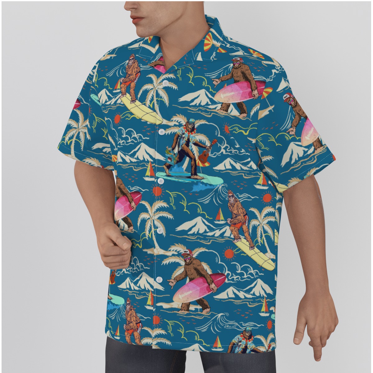 Funny Bigfoot Navy Cotton Hawaiian Shirts For Men