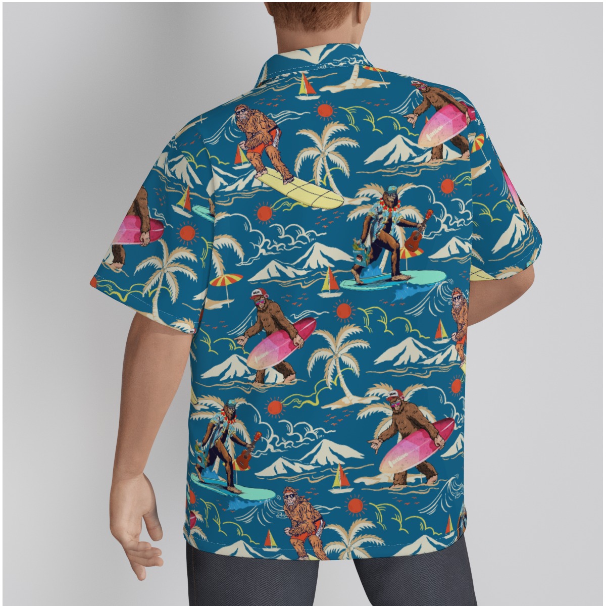 Funny Bigfoot Navy Cotton Hawaiian Shirts For Men