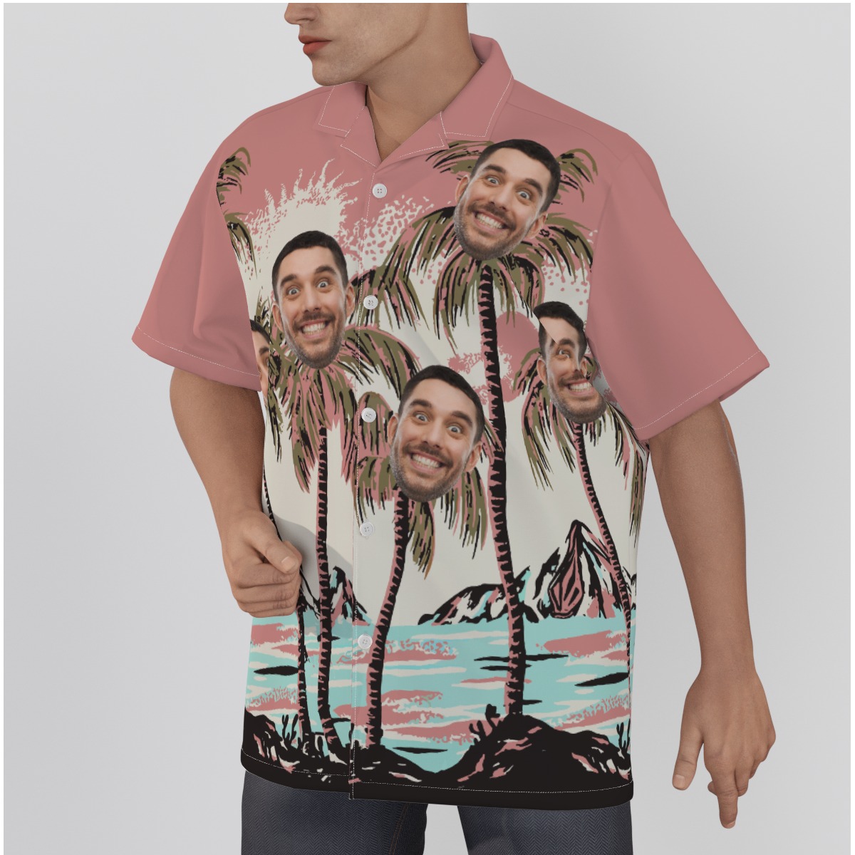 Pink Palm Trees Personalized Hawaiian Shirt With Faces