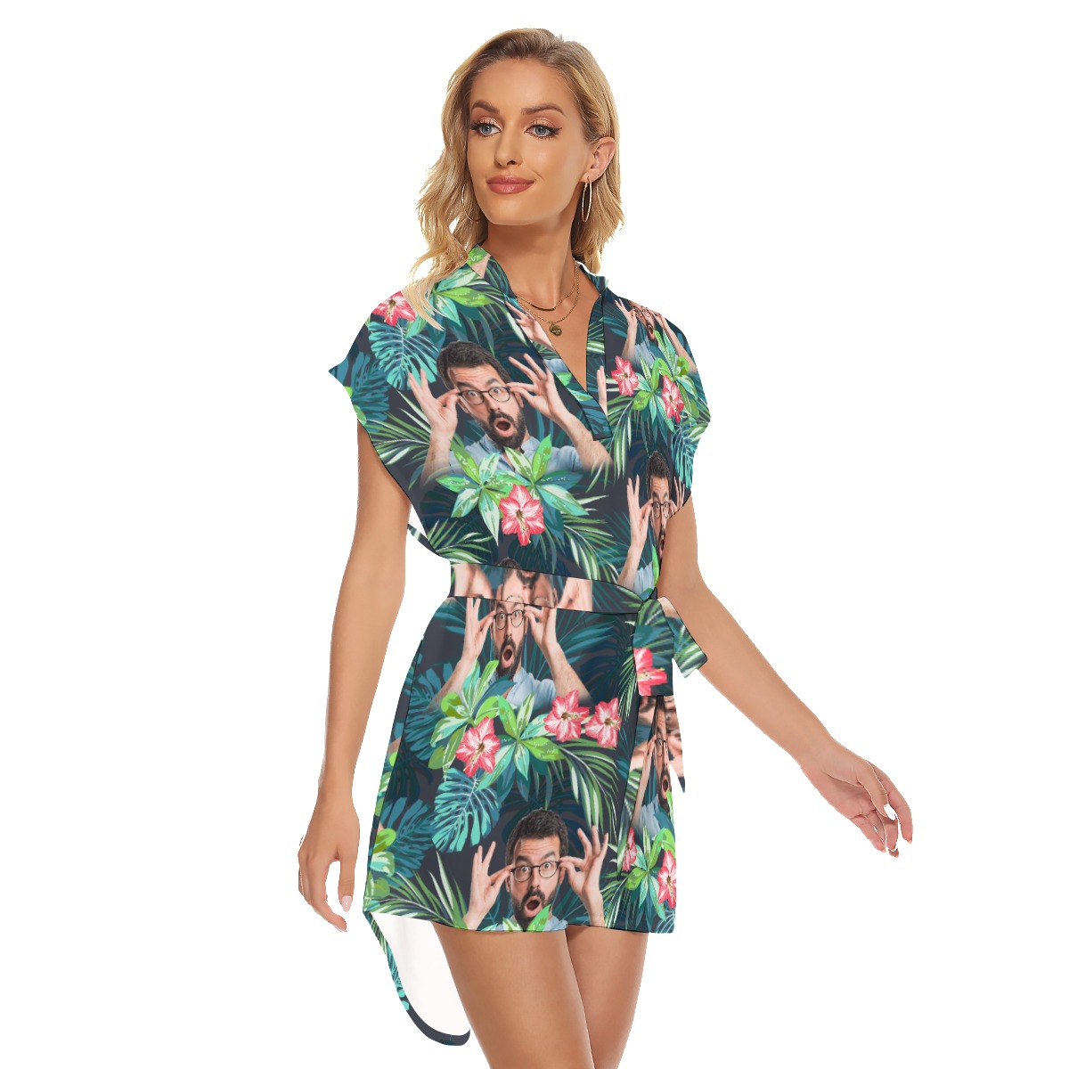 Funny Custom Face Women's Tropical Flamingo Hawaiian Dress With Belt