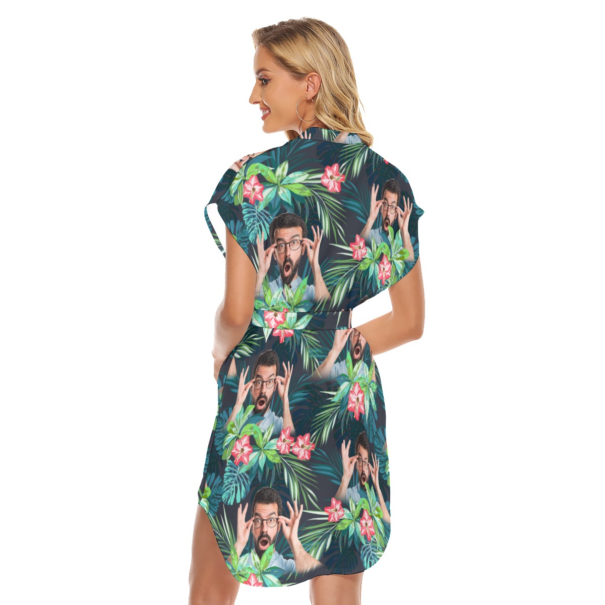 Funny Custom Face Women's Tropical Flamingo Hawaiian Dress With Belt