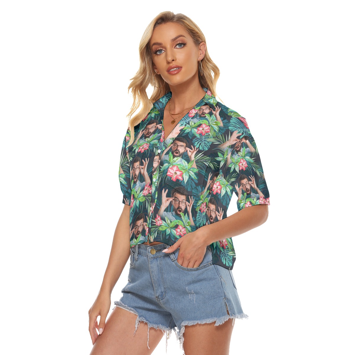 Funny Custom Face Flamingo Hawaiian Crop Top Shirt For Women