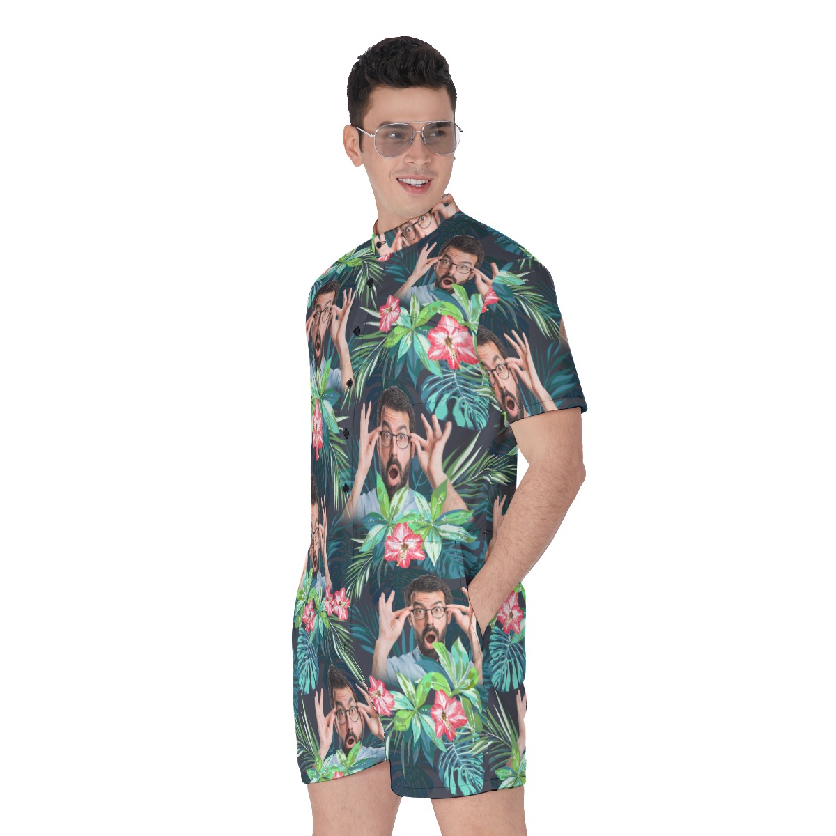 Custom Tropical Flamingo Men's Hawaiian Romper With Face