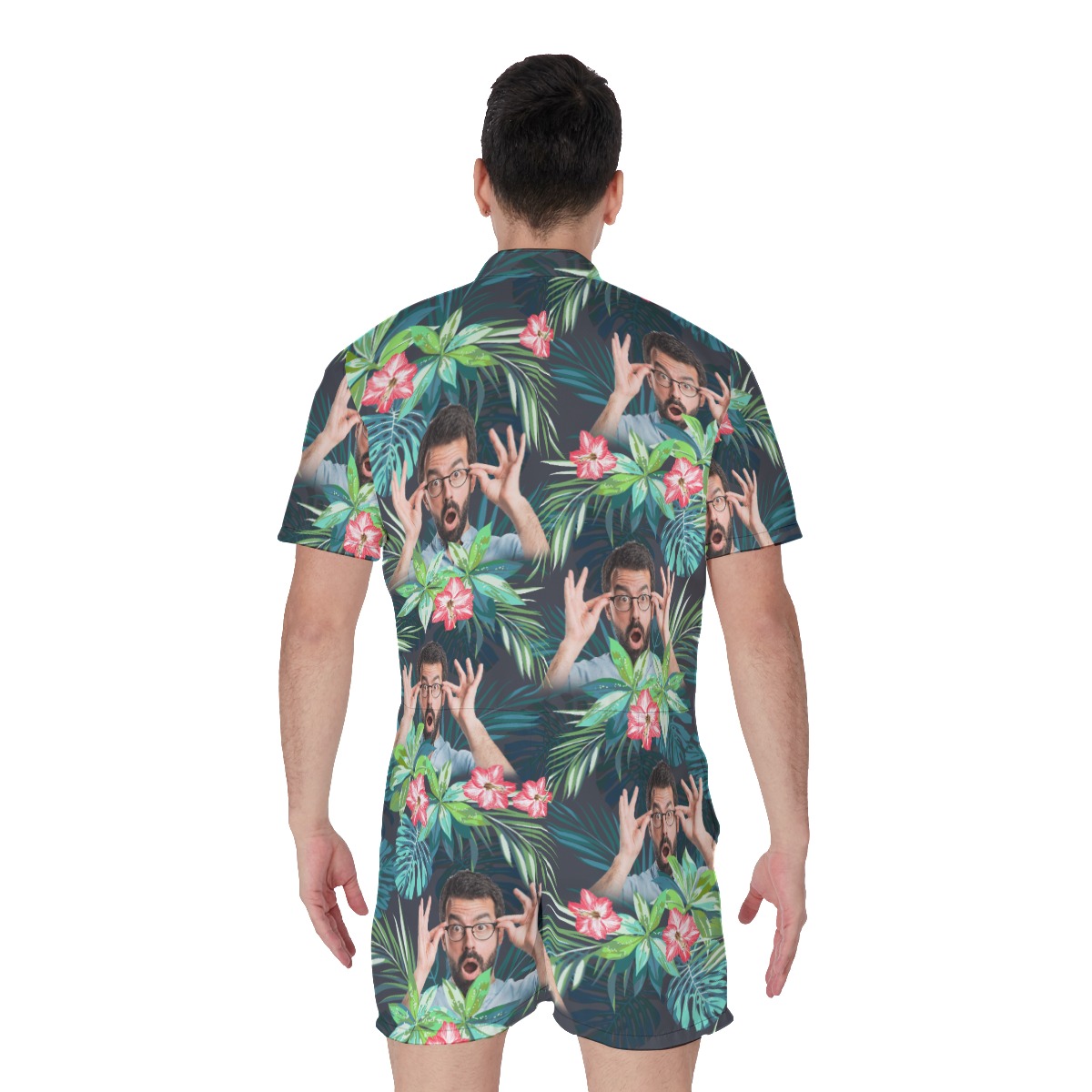 Custom Tropical Flamingo Men's Hawaiian Romper With Face