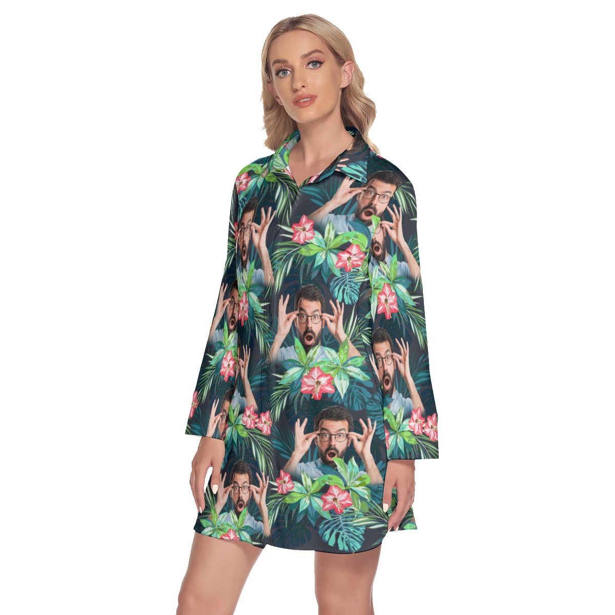 Custom Face Tropical Flamingo Hawaiian Shirt Dress With Long Sleeve For Women