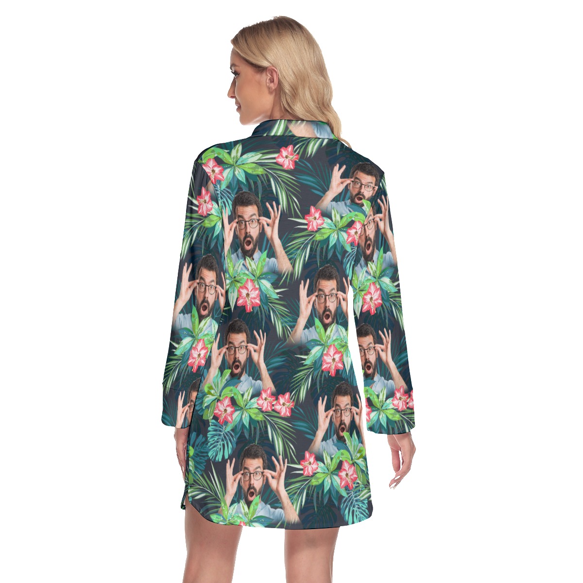 Custom Face Tropical Flamingo Hawaiian Shirt Dress With Long Sleeve For Women