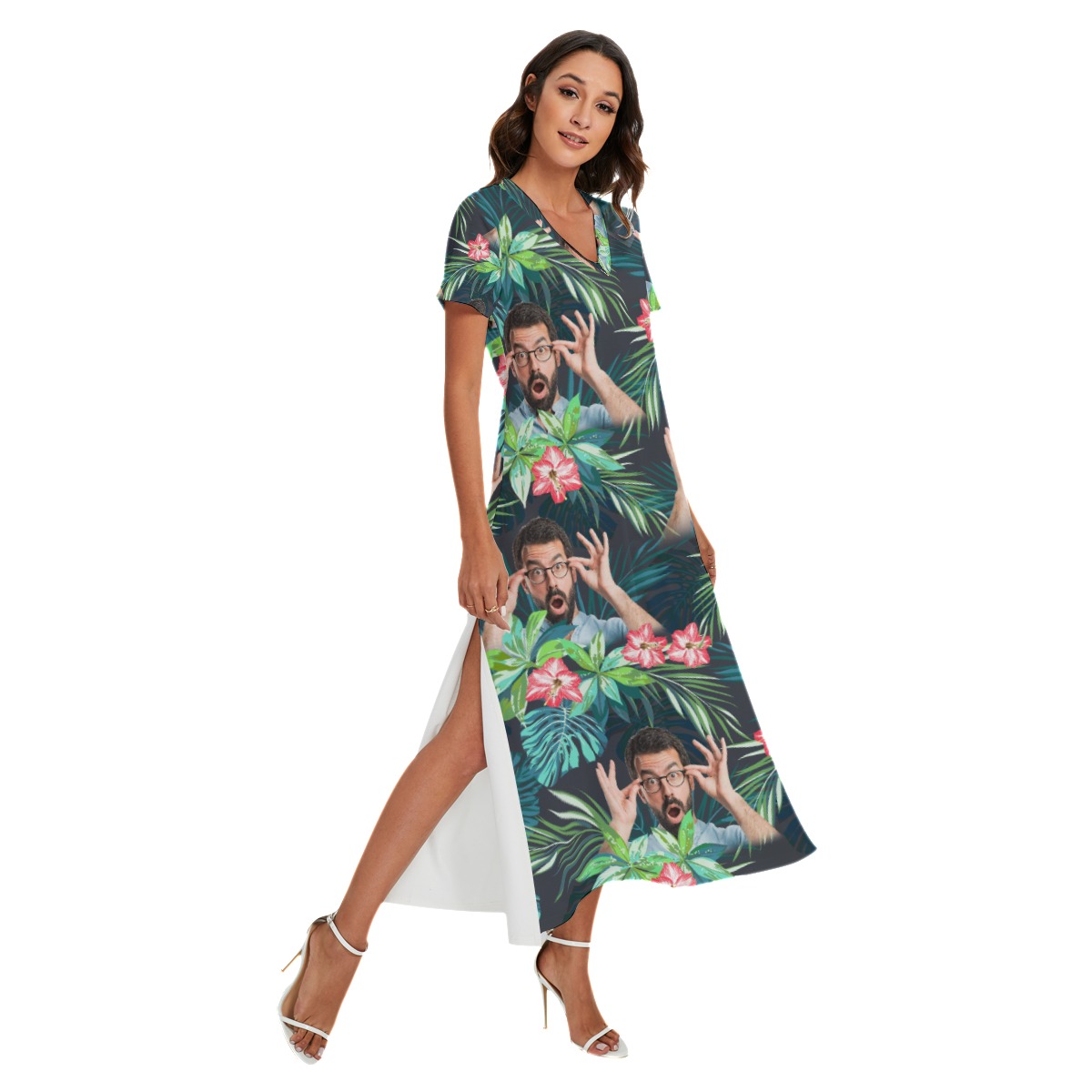 Funny Custom Face Flamingo Tropical Hawaiian Dress With Side Slit - variant image 1
