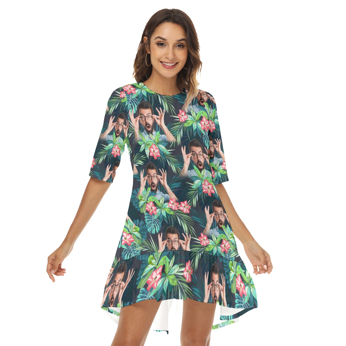 Funny Custom Face Tropical Flamingo Hawaiian Dress With Ruffle Hem - variant image 1