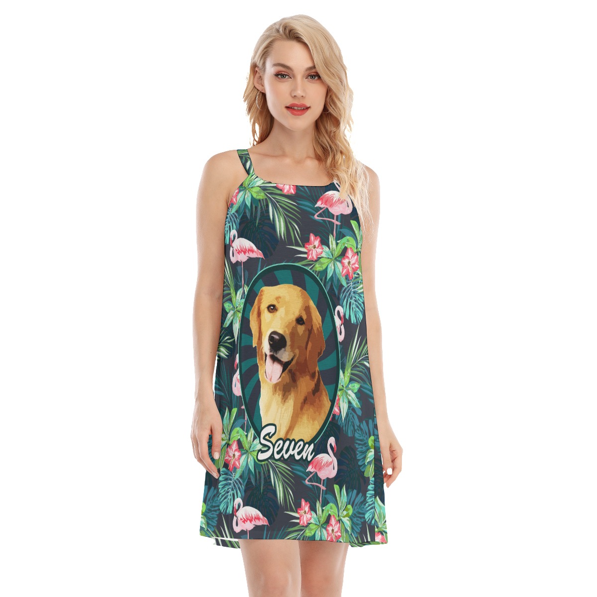 Custom Pet Face Tropical Flamingo Hawaiian Cami Dress For Women - variant image 1