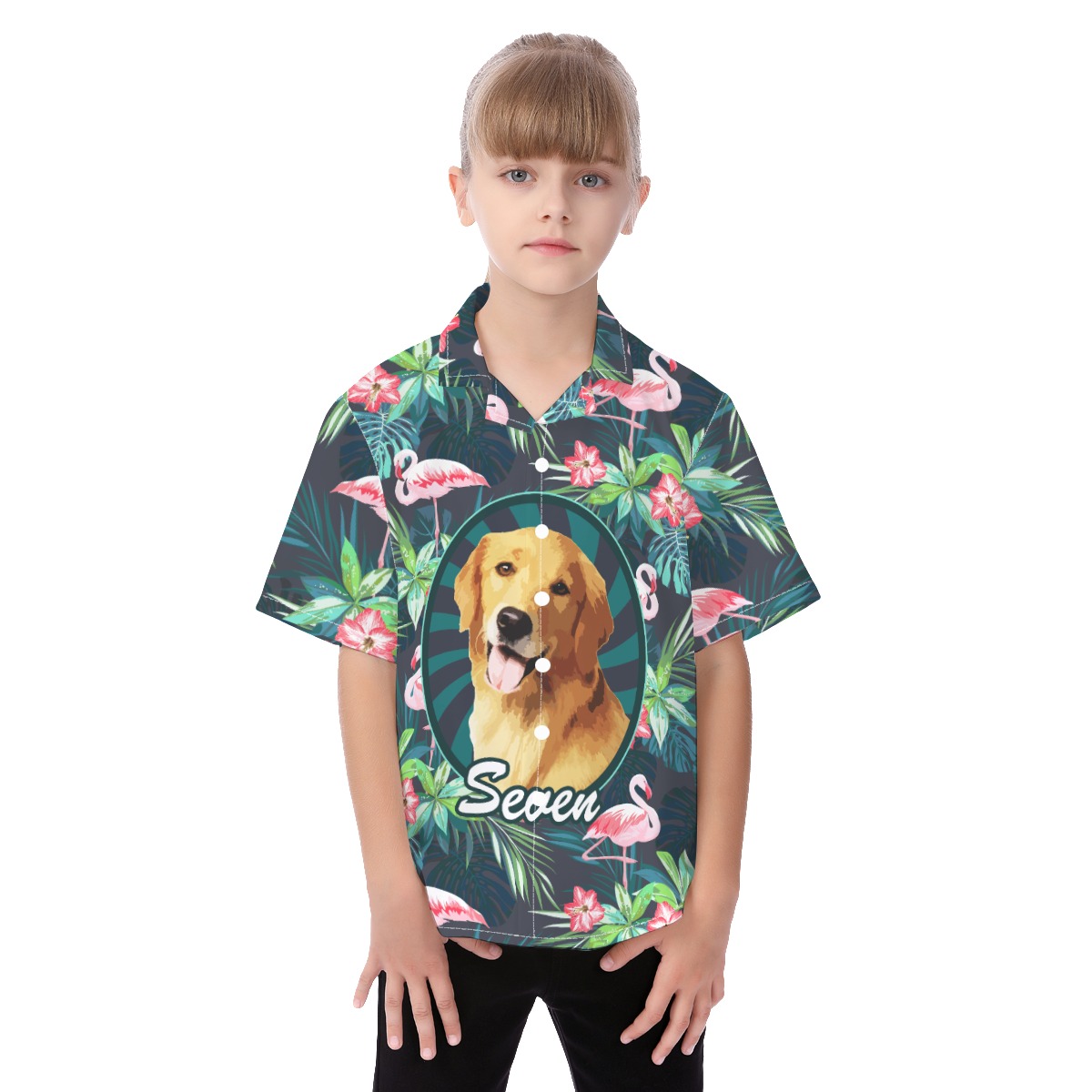 Cute Custom Pet Face Tropical Flamingo Hawaiian Shirt For Kids - variant image 1