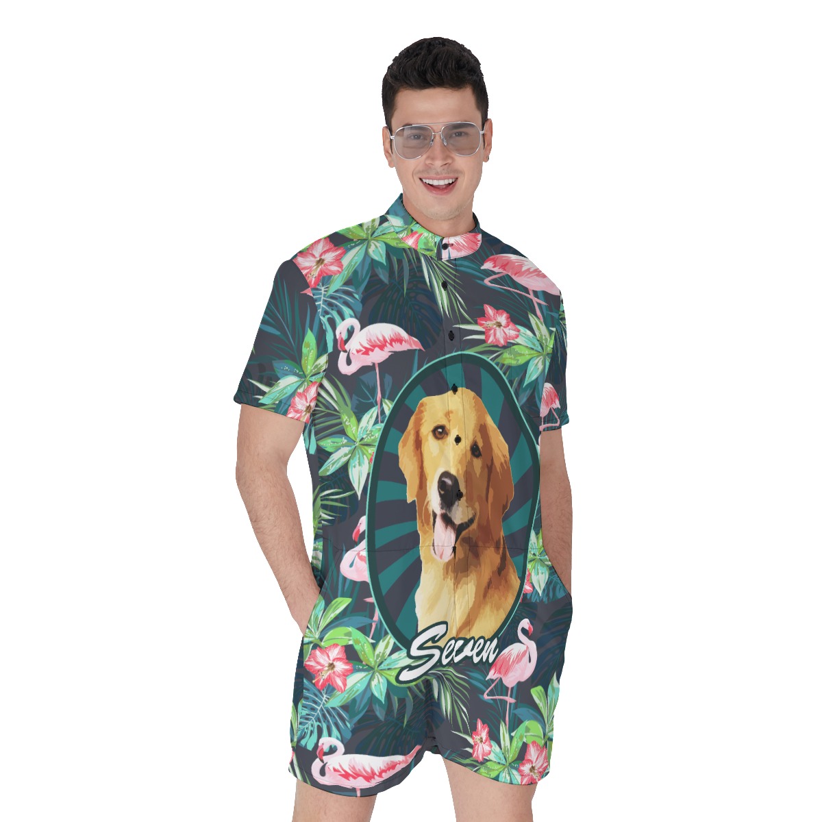 Custom Pet Face Tropical Flamingo Hawaiian Romper For Men - variant image 1