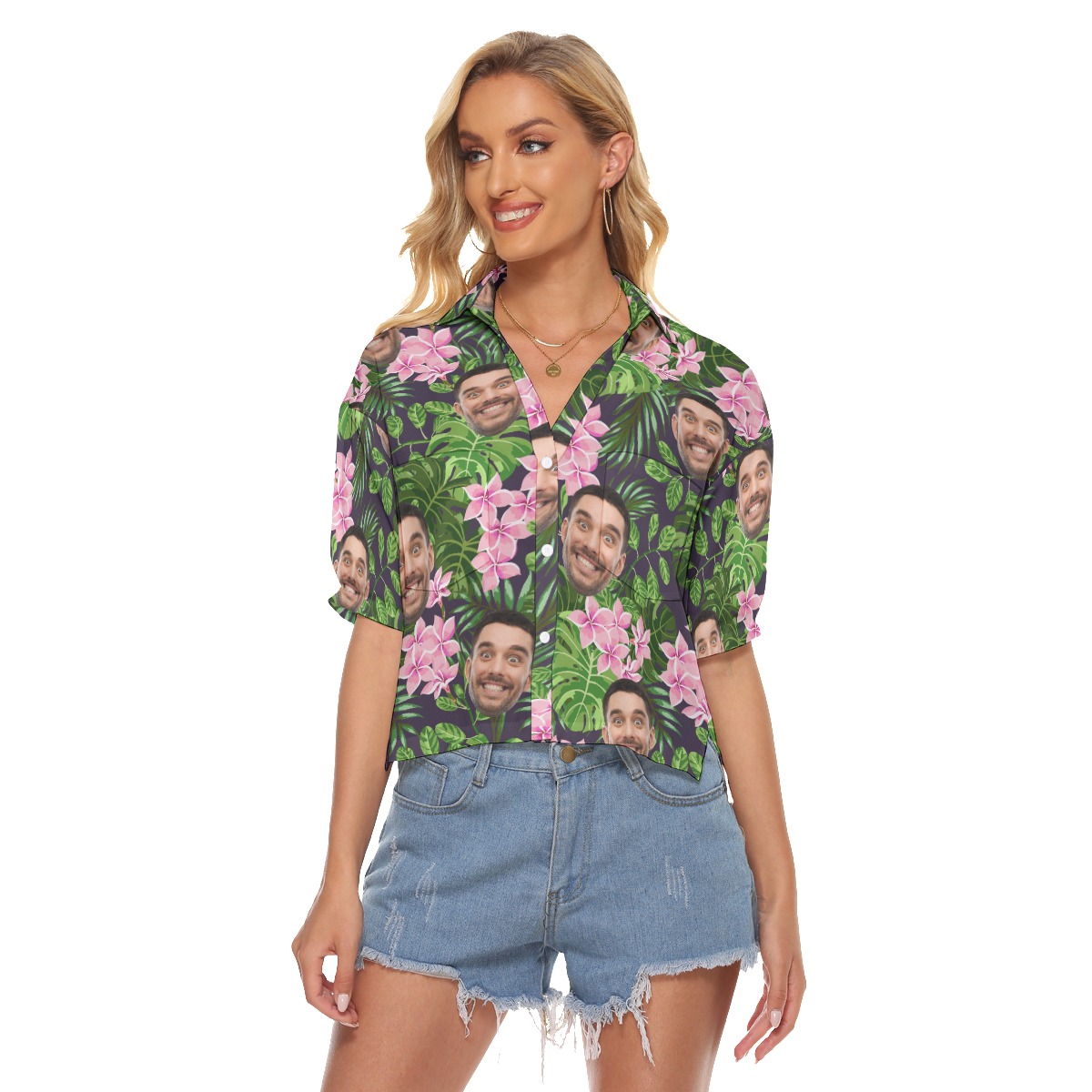 Custom Hawaiian V-neck Shirt For Women With Faces - variant image 1