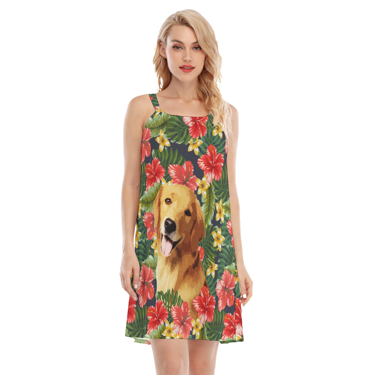 Custom Dog Face Hand-Painted Floral Hawaiian Dress For Women - variant image 1